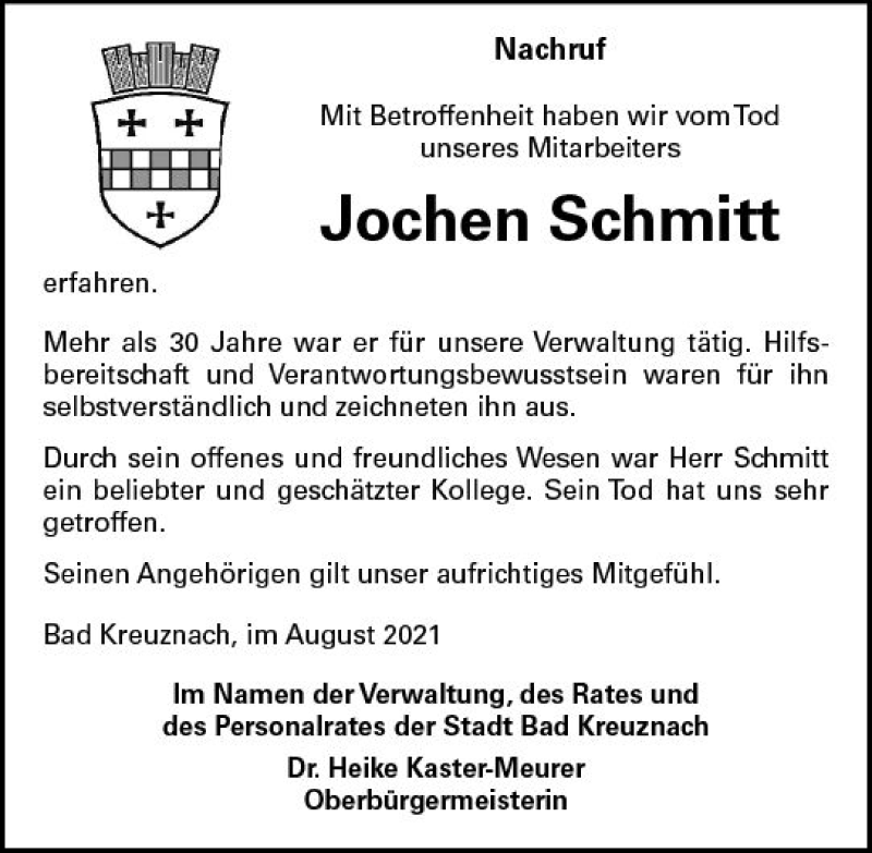  Traueranzeige für Jochen Schmitt vom 07.08.2021 aus vrm-trauer
