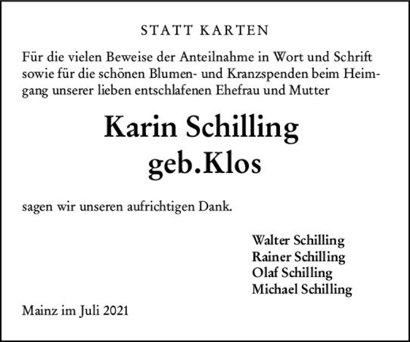  Traueranzeige für Karin Schilling vom 07.08.2021 aus vrm-trauer