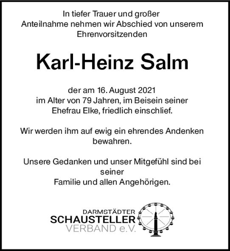  Traueranzeige für Karl-Heinz Salm vom 21.08.2021 aus vrm-trauer