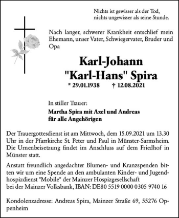 Traueranzeige von Karl-Johann Spira von vrm-trauer
