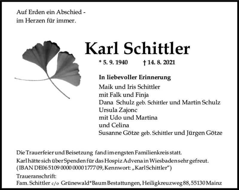  Traueranzeige für Karl Schittler vom 28.08.2021 aus vrm-trauer