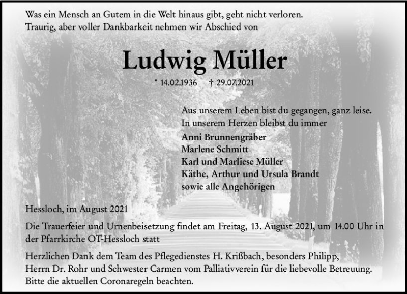  Traueranzeige für Ludwig Müller vom 10.08.2021 aus vrm-trauer