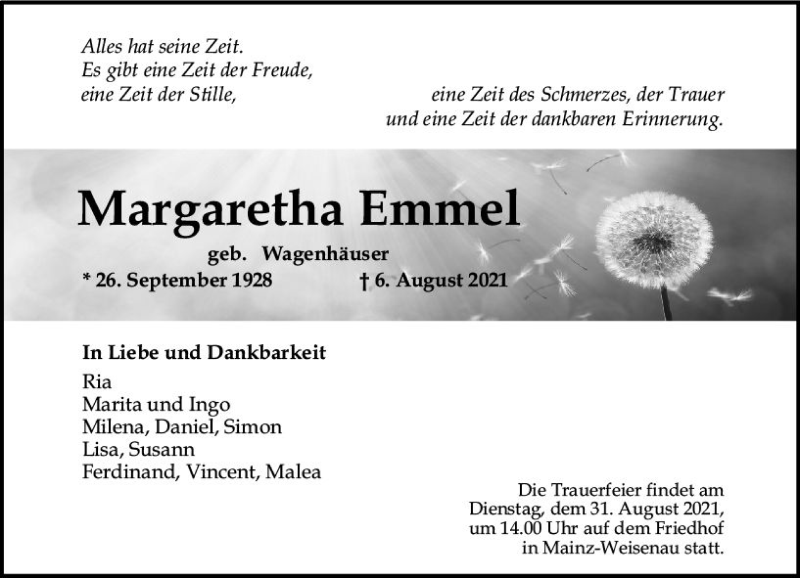  Traueranzeige für Margaretha Emmel vom 14.08.2021 aus vrm-trauer