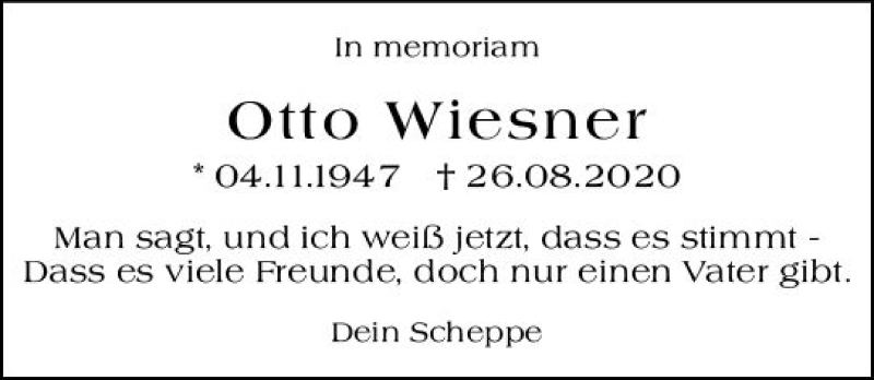  Traueranzeige für Otto Wiesner vom 26.08.2021 aus vrm-trauer