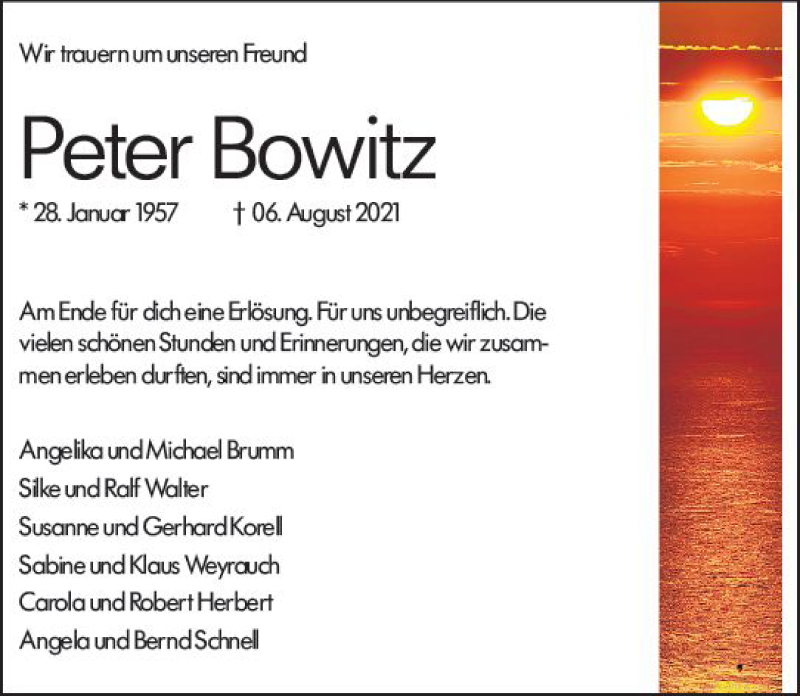  Traueranzeige für Peter Bowitz vom 14.08.2021 aus vrm-trauer