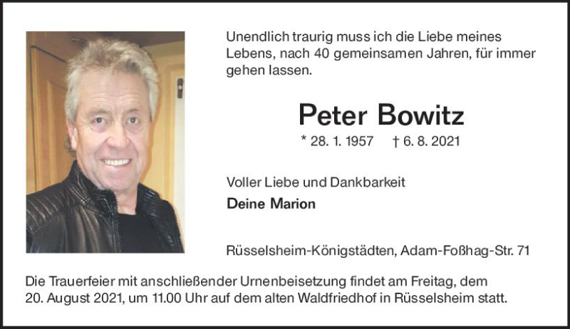  Traueranzeige für Peter Bowitz vom 14.08.2021 aus vrm-trauer
