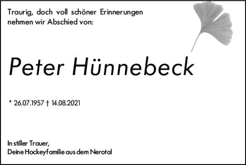  Traueranzeige für Peter Hünnebeck vom 21.08.2021 aus vrm-trauer