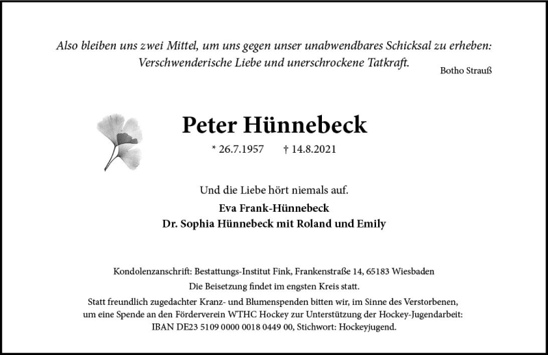  Traueranzeige für Peter Hünnebeck vom 21.08.2021 aus vrm-trauer