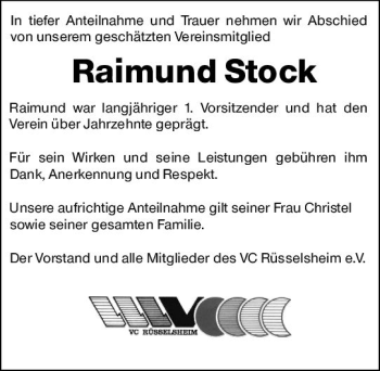 Traueranzeige von Raimund Stock von vrm-trauer