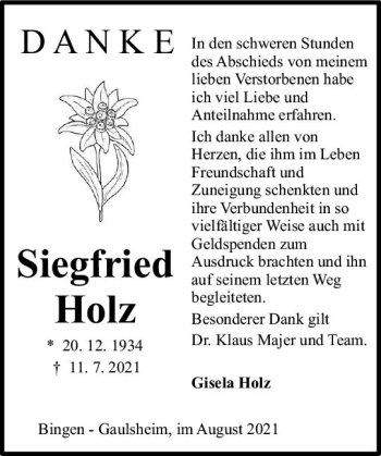 Traueranzeige von Siegfried Holz von vrm-trauer