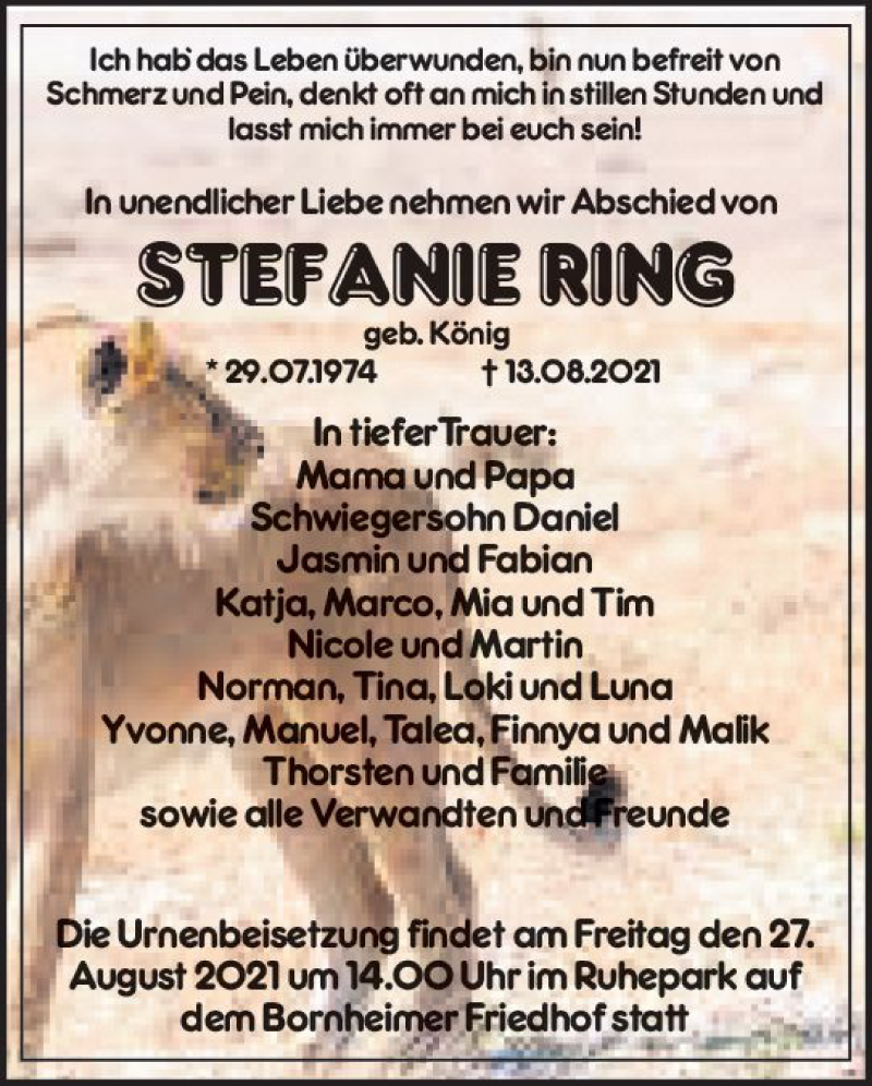  Traueranzeige für Stefanie Ring vom 25.08.2021 aus vrm-trauer