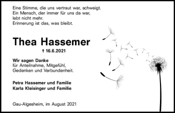 Traueranzeige von Thea Hassemer von vrm-trauer