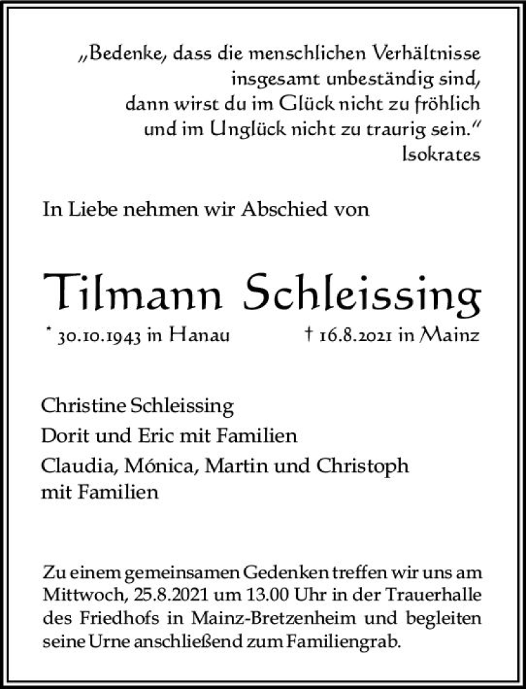  Traueranzeige für Tilmann Schleissing vom 21.08.2021 aus vrm-trauer