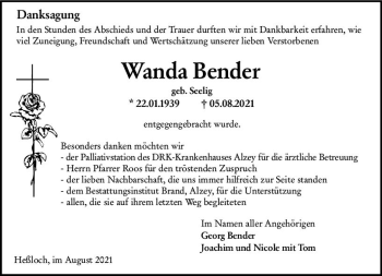 Traueranzeige von Wanda Bender von vrm-trauer