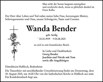 Traueranzeige von Wanda Bender von vrm-trauer