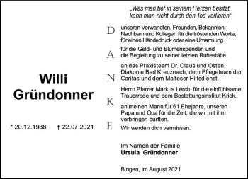 Traueranzeige von Willi Gründonner von vrm-trauer