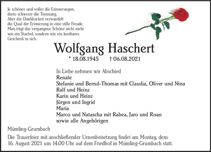  Traueranzeige für Wolfgang Haschert vom 14.08.2021 aus vrm-trauer