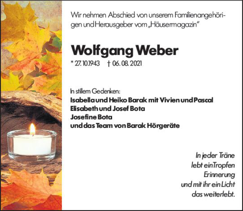  Traueranzeige für Wolfgang Weber vom 14.08.2021 aus vrm-trauer