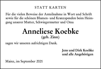 Traueranzeige von Anneliese Koebke von vrm-trauer