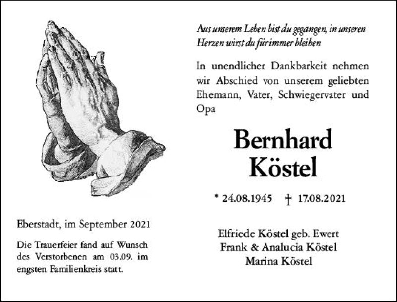  Traueranzeige für Bernhard Köstel vom 04.09.2021 aus vrm-trauer