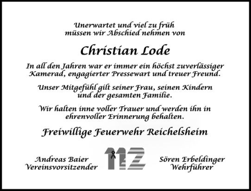  Traueranzeige für Christian Lode vom 14.09.2021 aus vrm-trauer