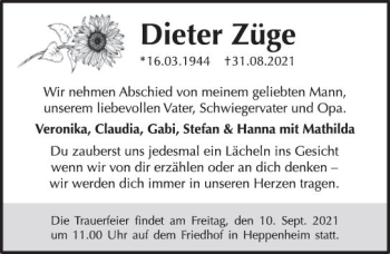 Traueranzeige von Dieter Züge von vrm-trauer