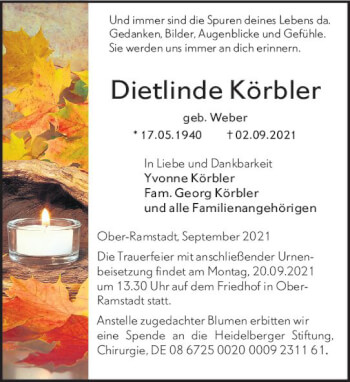 Traueranzeige von Dietlinde Körbler von vrm-trauer