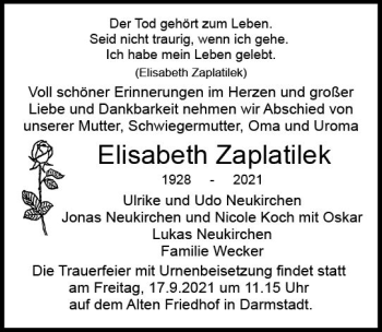 Traueranzeige von Elisabeth Zaplatilek von vrm-trauer