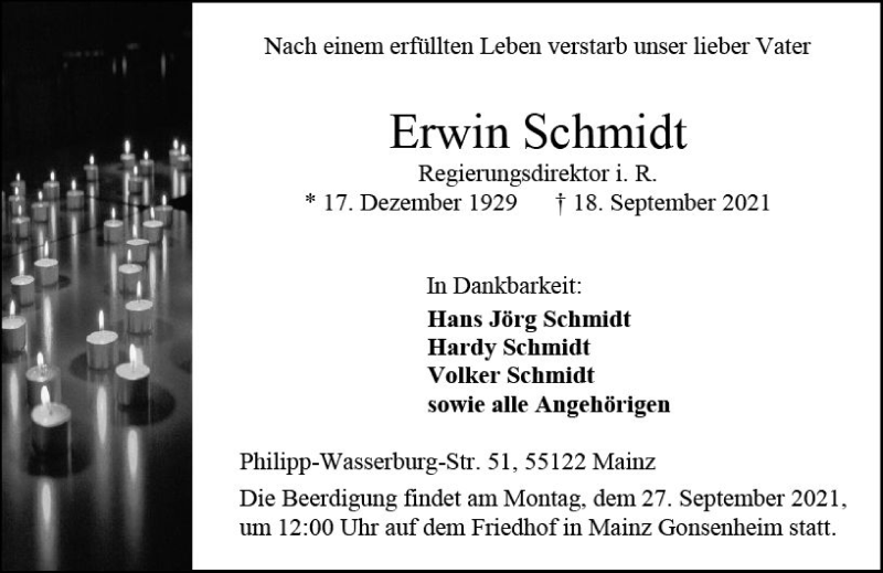  Traueranzeige für Erwin Schmidt vom 25.09.2021 aus vrm-trauer