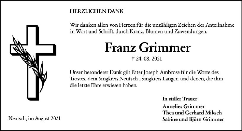  Traueranzeige für Franz Grimmer vom 04.09.2021 aus vrm-trauer
