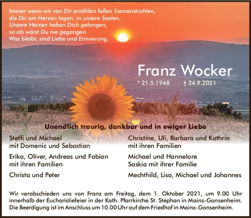  Traueranzeige für Franz Wocker vom 29.09.2021 aus vrm-trauer