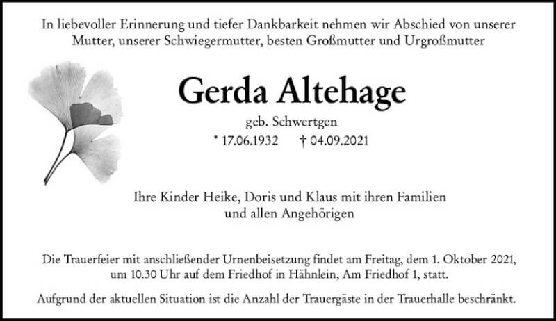  Traueranzeige für Gerda Altehage vom 18.09.2021 aus vrm-trauer