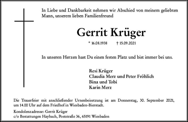  Traueranzeige für Gerrit Kruger vom 25.09.2021 aus vrm-trauer