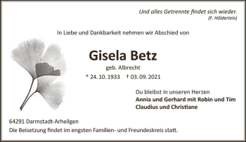 Traueranzeige von Gisela Betz von vrm-trauer