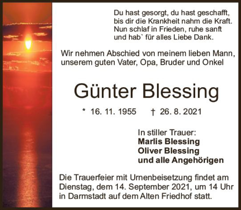  Traueranzeige für Günter Blessing vom 04.09.2021 aus vrm-trauer