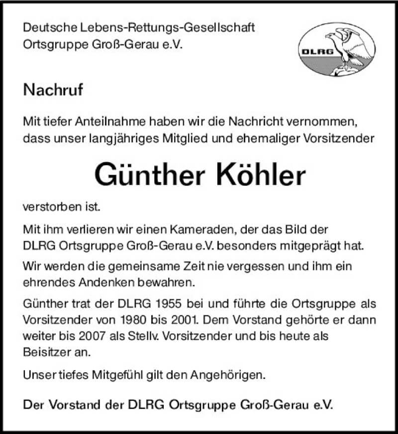  Traueranzeige für Günther Köhler vom 18.09.2021 aus vrm-trauer