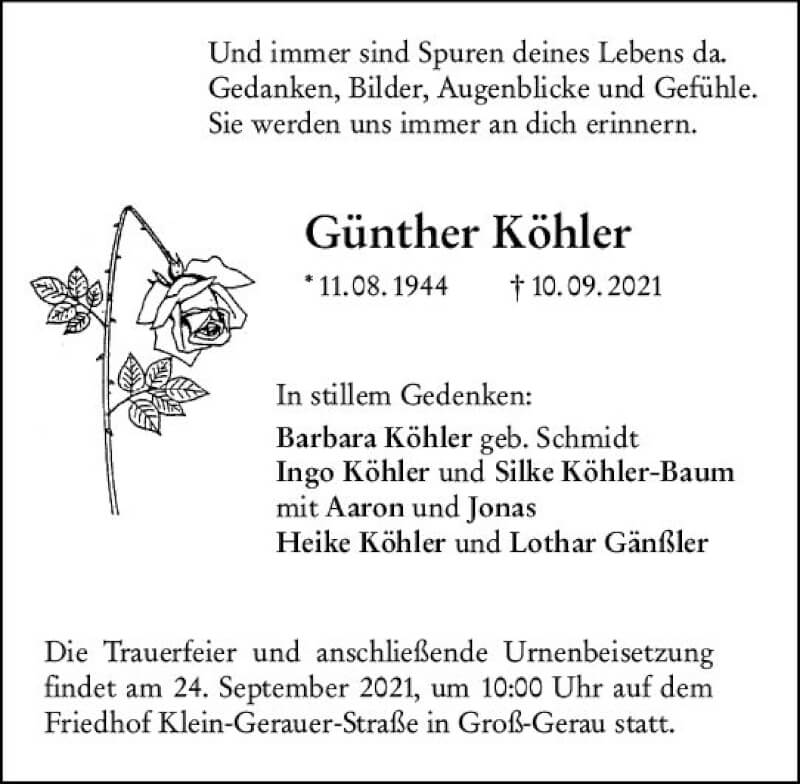  Traueranzeige für Günther Köhler vom 18.09.2021 aus vrm-trauer