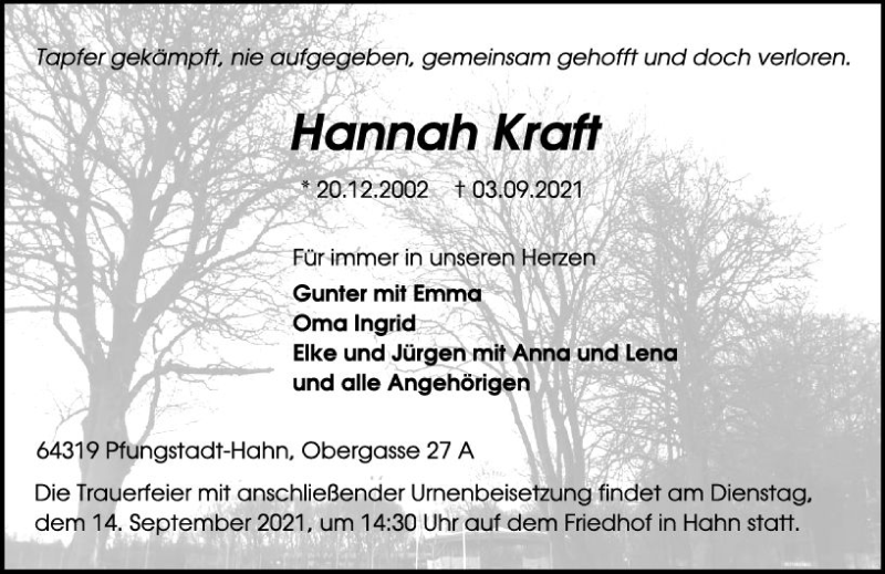  Traueranzeige für Hannah Kraft vom 11.09.2021 aus vrm-trauer