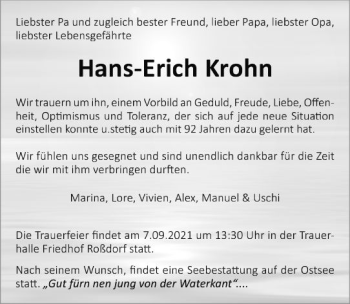 Traueranzeige von Hans-Erich Krohn von vrm-trauer