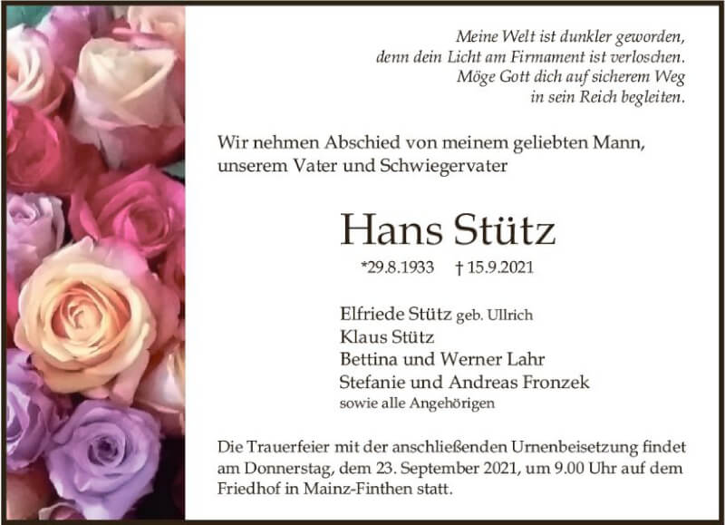  Traueranzeige für Hans Stütz vom 18.09.2021 aus vrm-trauer