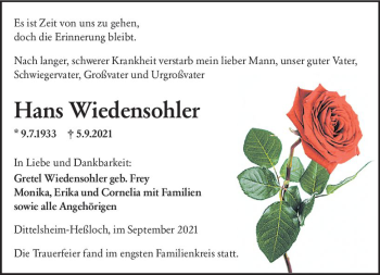 Traueranzeige von Hans Wiedensohler von vrm-trauer