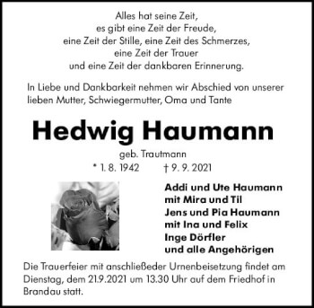 Traueranzeige von Hedwig Haumann von vrm-trauer