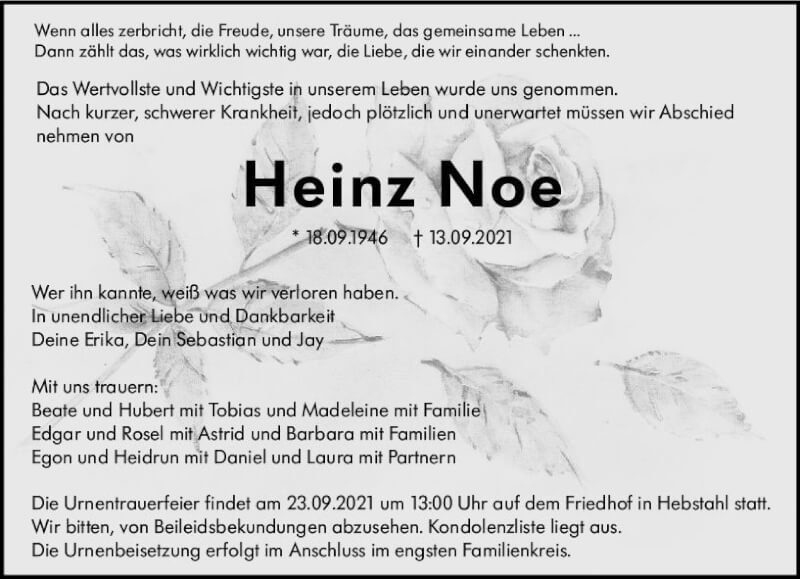  Traueranzeige für Heinz Noe vom 18.09.2021 aus vrm-trauer