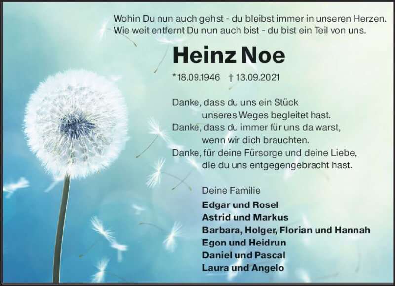  Traueranzeige für Heinz Noe vom 18.09.2021 aus vrm-trauer
