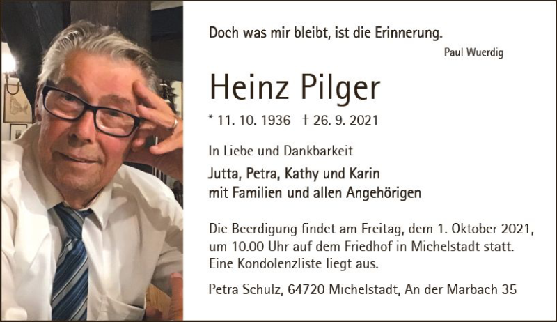  Traueranzeige für Heinz Pilger vom 29.09.2021 aus vrm-trauer