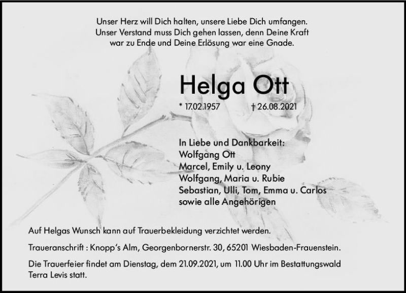  Traueranzeige für Helga Ott vom 11.09.2021 aus vrm-trauer
