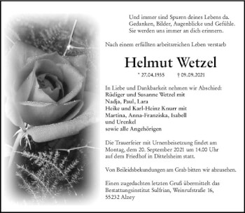 Traueranzeige von Helmut Wetzel von vrm-trauer