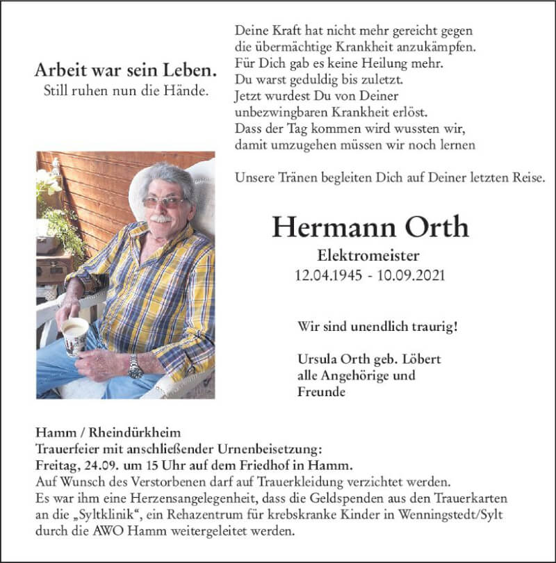  Traueranzeige für Hermann Orth vom 18.09.2021 aus vrm-trauer