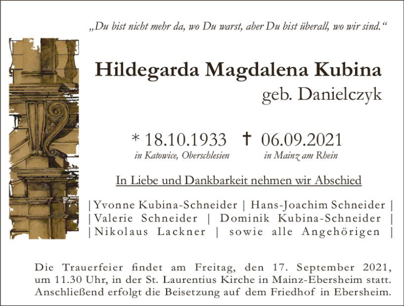  Traueranzeige für Hildegarda Magdalena Kubina vom 11.09.2021 aus vrm-trauer