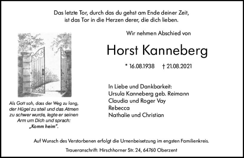  Traueranzeige für Horst Kanneberg vom 04.09.2021 aus vrm-trauer